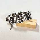 Vintage White Milk Glass & Black Rhinestone Wide Link Bracelet Silver Tone 7in