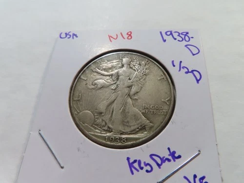 N18 USA 1938-D Silver Walking Liberty Half Dollar Key Date VF