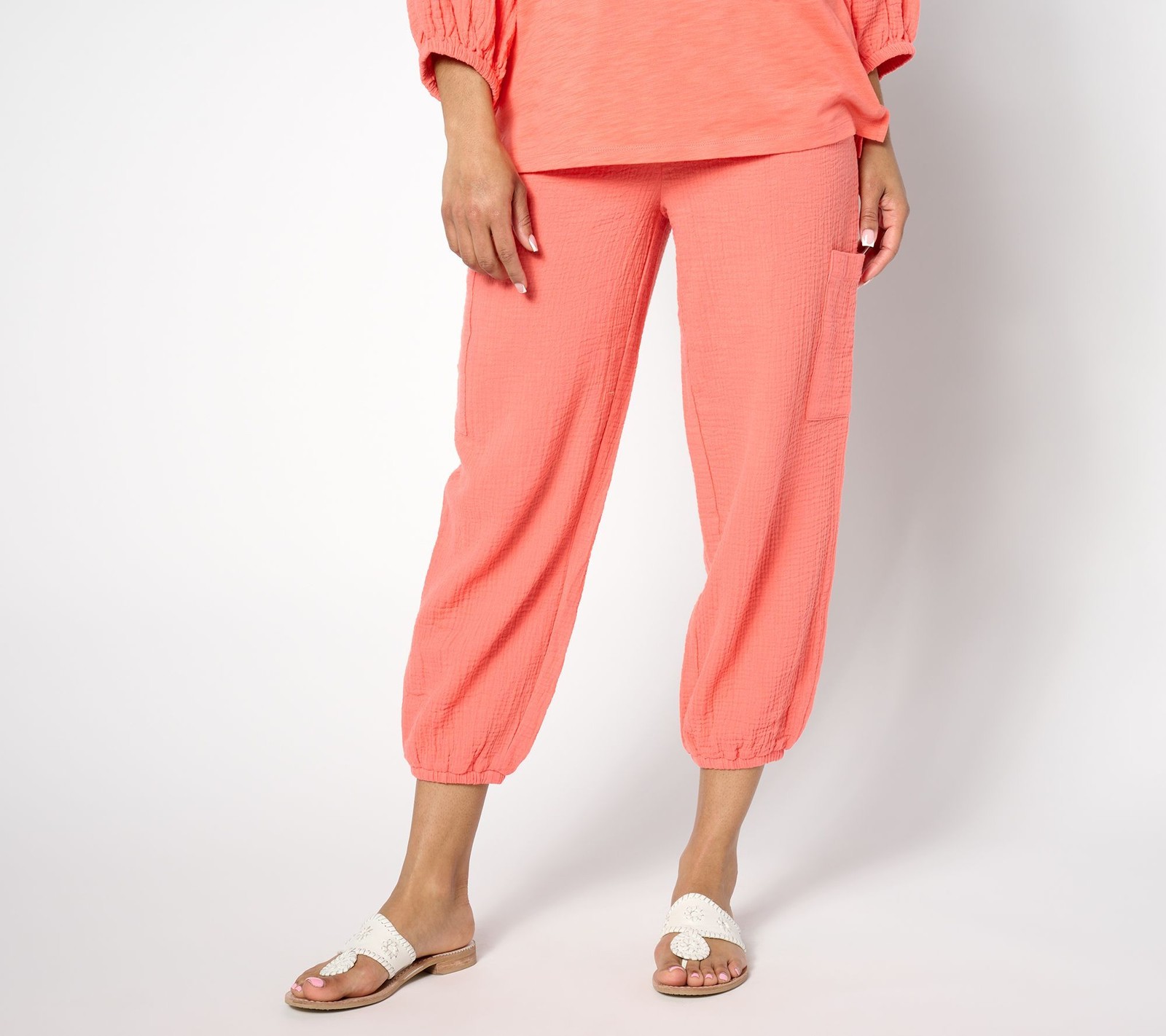Belle by Kim Gravel Women's Pants Sz M Gauze Utility Cropped Orange A644054