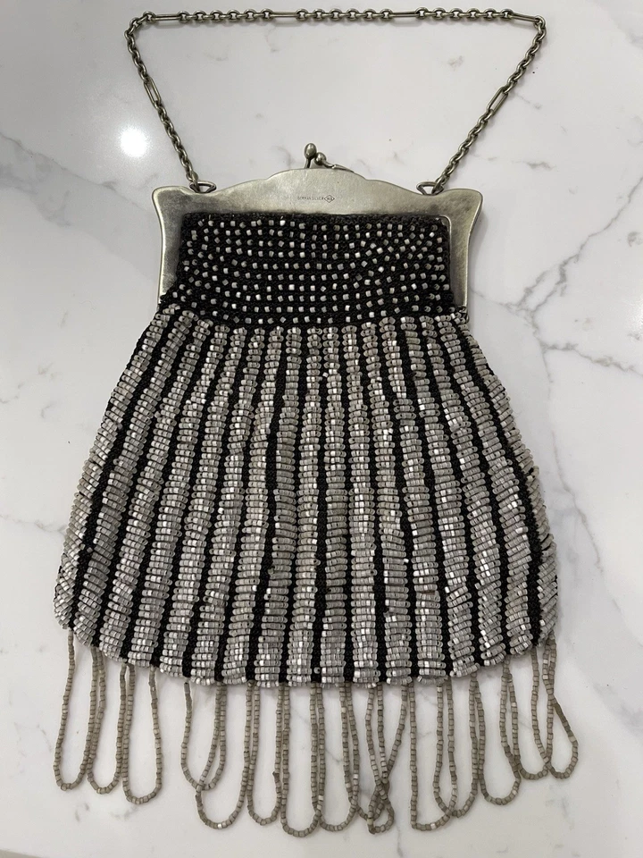 Старинный 1920-х годов ар-деко Flapper стеклянные бусины немецкий серебряный поцелуй замок рамка сумочки - Изображение 2 из 4