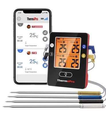 ThermoPro Grill Bluetooth 4 Probe 650 Ft Range Remote Meat Thermometer TP25W NEW