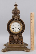 Antique French Victorian Japy Freres Bronze Mantel Clock Lion Head Medallion 