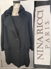 Vintage Nina Ricci Paris Designer Coat 100% Merino Wool W/ Faux Fur Collar READ