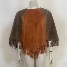 Vintage Real Suede Tassel Fringe Poncho Brown Orange Paul Berman