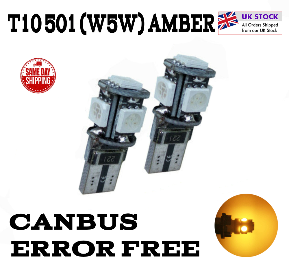 AXD 2x 30-SMD 501 T10 W5W Amber LED Indicator Bulbs – CANBUS Error-Free – 12V