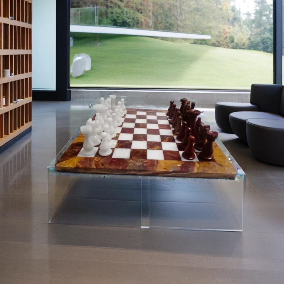 Échiquier en Marbre Rouge et Blanc Onyx 30x30cm Fait Main - Cadeau et Décoration - Photo 2/4