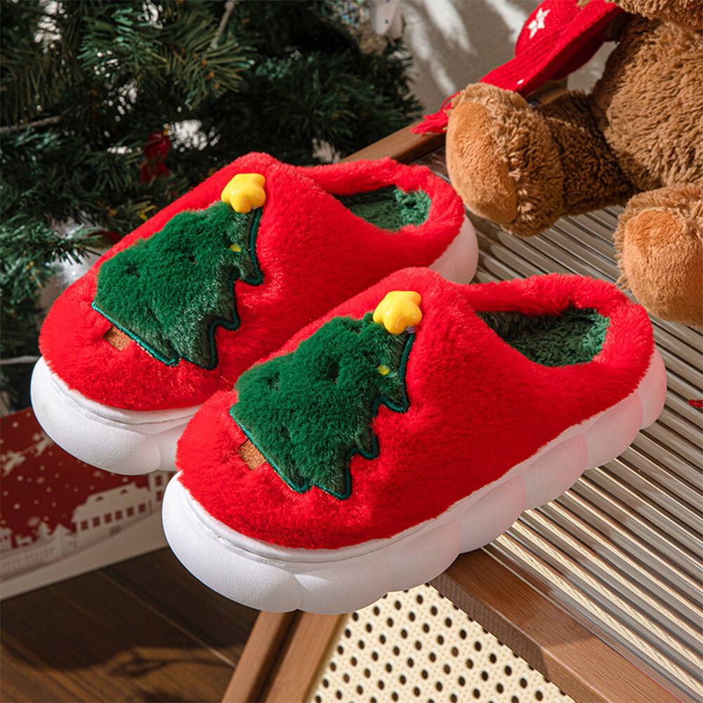 APL Flat Thermal Slippers Furry Xmas Tree Slipper Soft Couple Slippers for Men Women