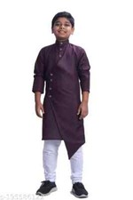 Indian Bollywood New Kids Fancy Cotton Solid Kurta Pyjama Set Pack of 1 