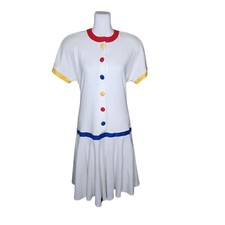 Vintage 80s Drop Waist Short Sleeve Dress Womens 6 White Primary Colors Pleats