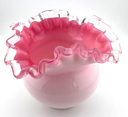 Vintage Fenton Vase Pink Cased Milk Glass Crimped Ruffle Rim Clear Edge 4" X 5"