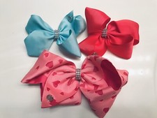 JoJo Siwa Hair Clip Bows:2 Large, 1 X-large Lot Of 3, Pink, Blue, Pink Hearts