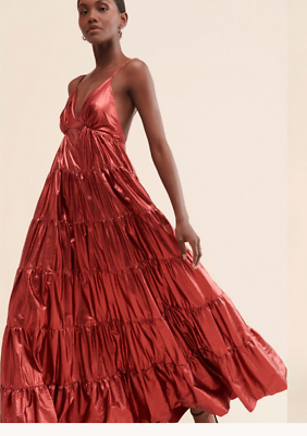 knee length dresses for ladies COCOMELODY A-Line Maxi Ruffle Prom Dress Metallic Formal Dress CS0656, Maroon main image 1
