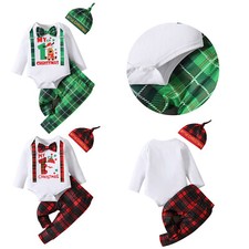 Baby Girls Boys Bodysuit Set Bowtie Romper Shirt Christmas Outfit Hat Set 3Pcs