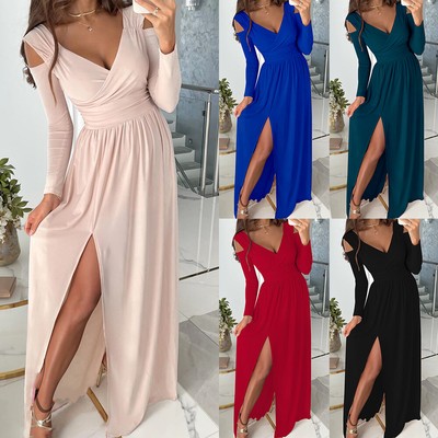 V Neck Womens Long Sleeve Maxi Split Dress Evening Cocktail Club Party Ball  Gown | eBay