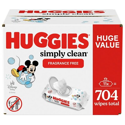 Huggies Simply Clean Unscented Baby Wipes, 11 Flip-Top Packs (704 Wipes Total)