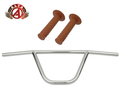 ALTA CW PRO Old School Classic Chrome Handlebar W/ TRIANGLE BMX Style GRIPS.