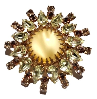Vintage Austria Rhinestone Brooch with Cats Eye Glass Cabochon Center Yellow and