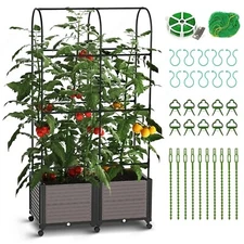 Raised Garden Bed Planter Box w/ Wheels & Trellis for Climbing Vegetables Plants