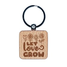 Let Love Grow Sweet Flowers Engraved Wood Square Keychain Tag Charm