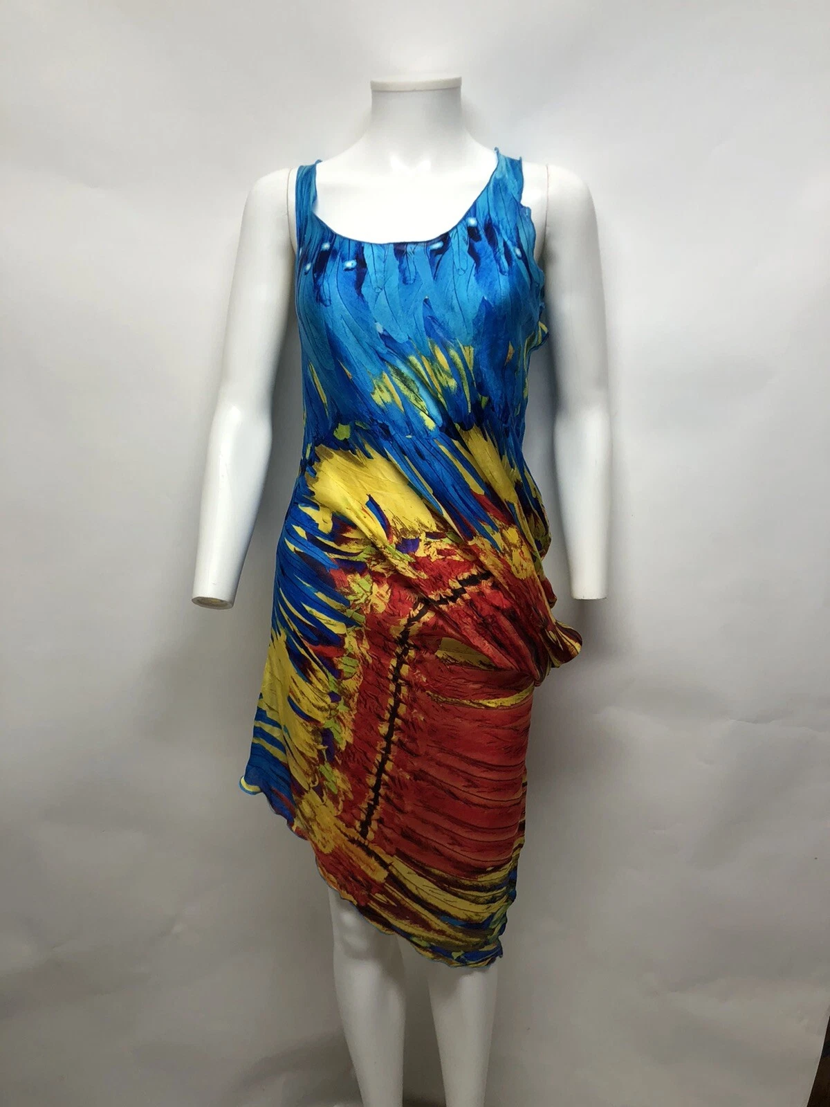 Abito vintage Alexander McQueen SS2003 ""Irere"" con stampa piuma blu 42 M