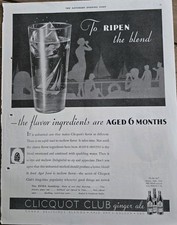 1932 Big Glass Cliquot Club  Ginger Ale Aged 6 Months Vintage Soda Ad AS IS