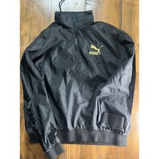 Puma Mens XL Quarter Zip Windbreaker Jacket Black Gold Logo Pullover Track Top