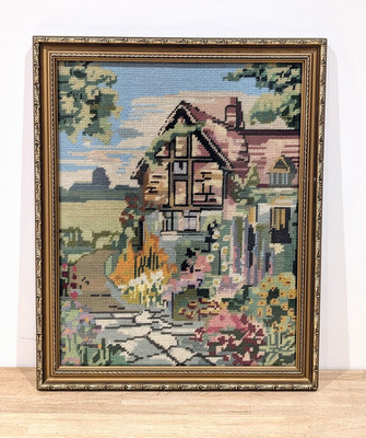 Vintage Mid Century Nadelspitze Wandteppich gerahmt - englisches Landhaus Gartenszene