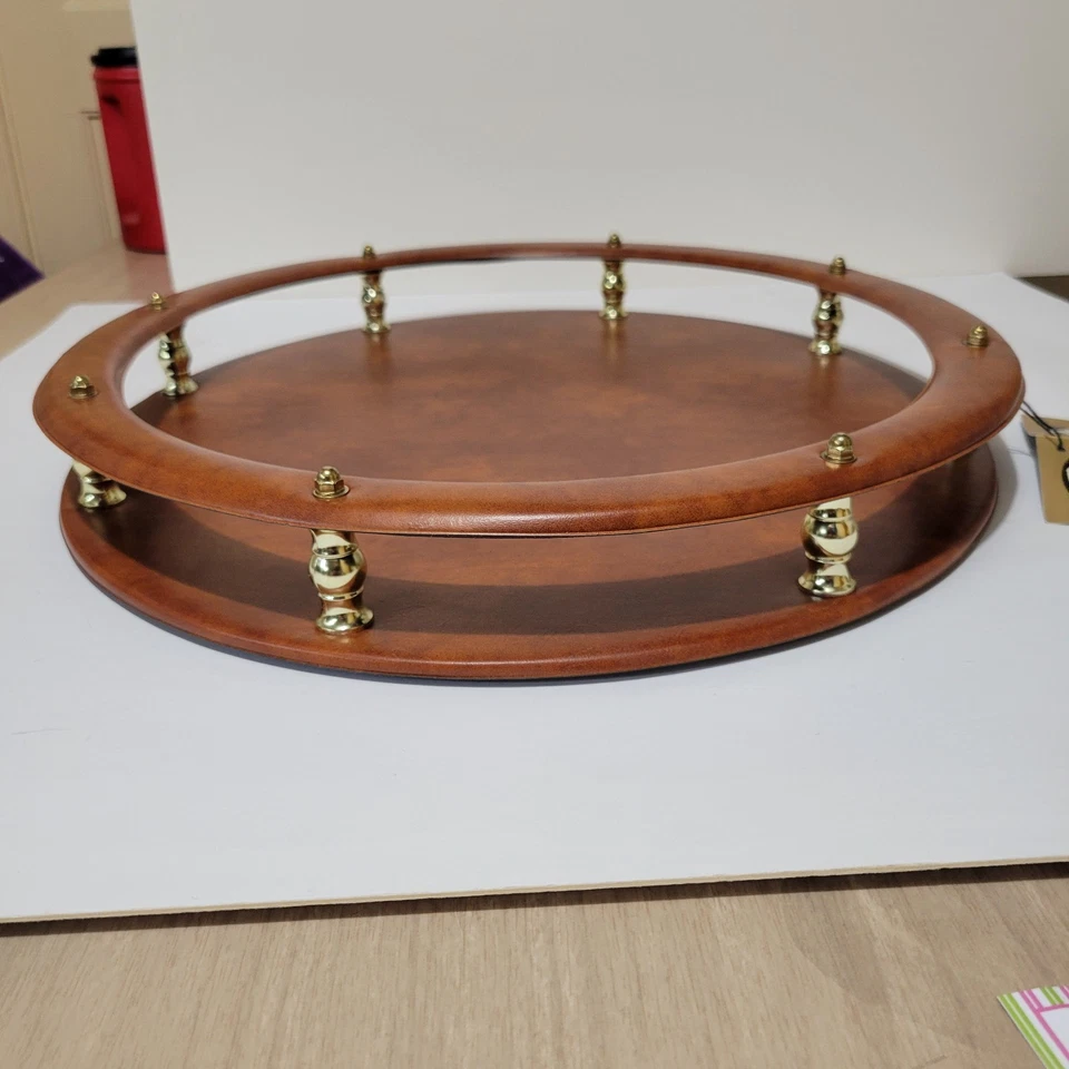 Kraftware by Kip 19x17 Faux Leather & Brass Oval Tray - Ottoman or Coffee Table - Image 2 of 4