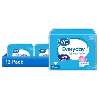 12 Pack Great Value Everyday Soft Facial Tissues 2-Ply (2 Flat Boxes / 320ct)