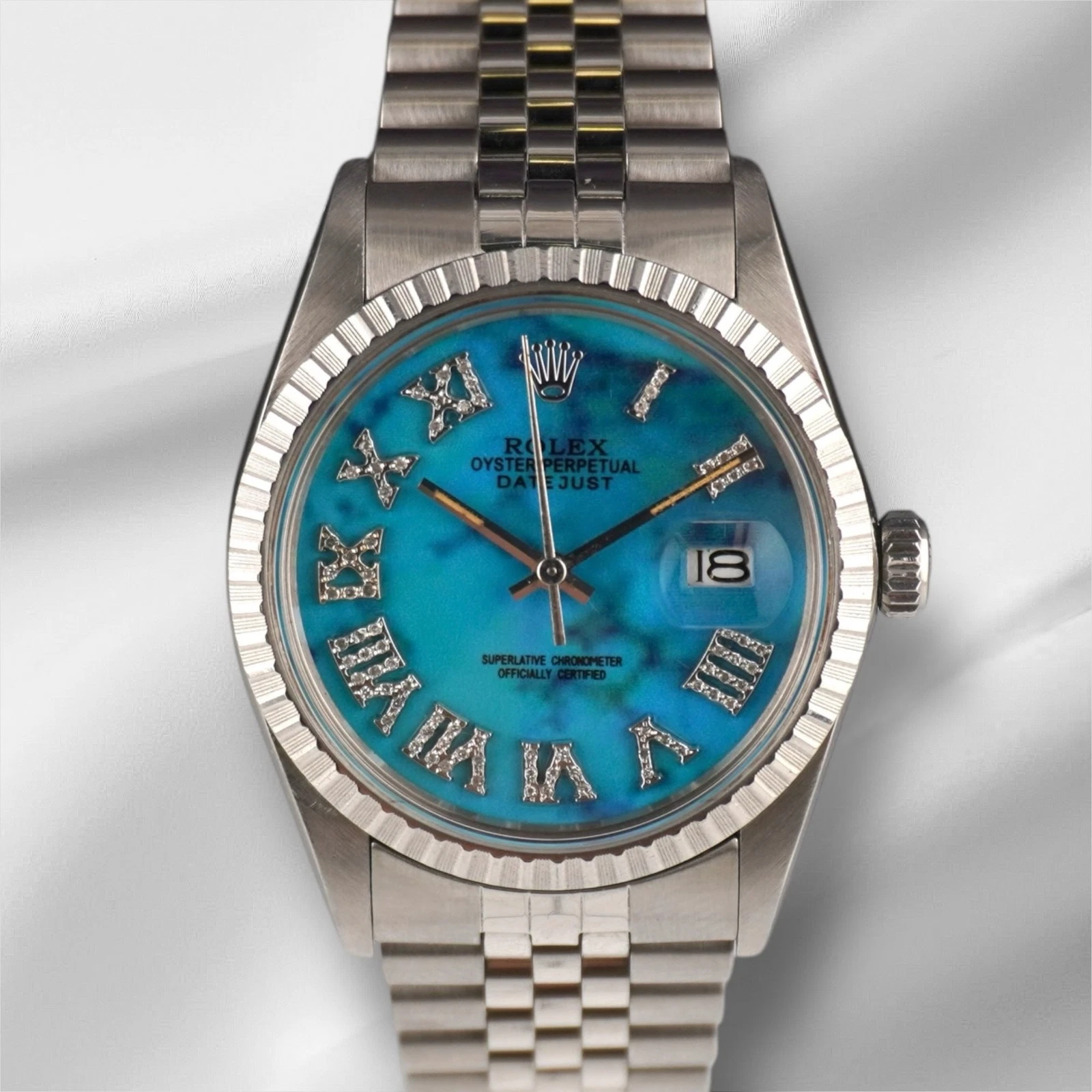 Rolex — Rolex 36mm Datejust Engine-Turned Marble Blue Roman Dial Watch 16030