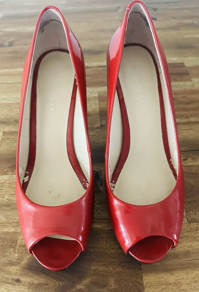 Nine West Red Patent Kelsyo Peep Toe Pumps Heels Size 6 - Image 4 of 4