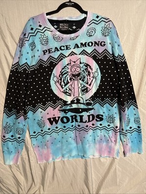 BoxLunch Rick and Morty Peace Among Worlds Tie Dye Fair Isle Sweater Large Adult