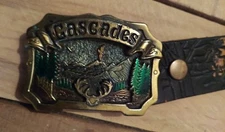 Vintage 1980 The Great American Buckle Co. Brass w green Cascades Belt Buckle  