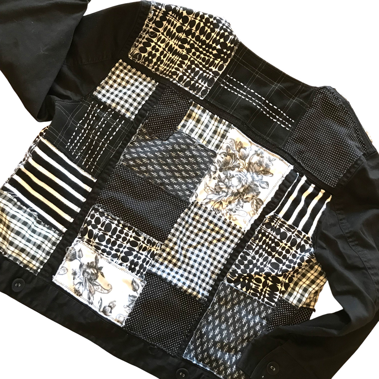 Boho Patchwork Jacket: Upcycled Sashiko Black Whi… - image 2