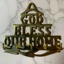 Vintage Key Rack Brass God Bless Our Home Jewelry Hook Wall Hanger 5” x 5.5”