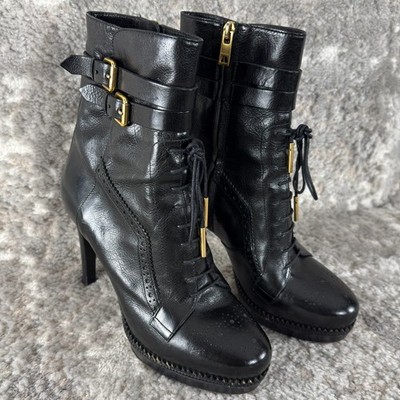 BURBERRY Size 39EU 9US Black Leather Brogue Manners 100 Platform Boots Buckle