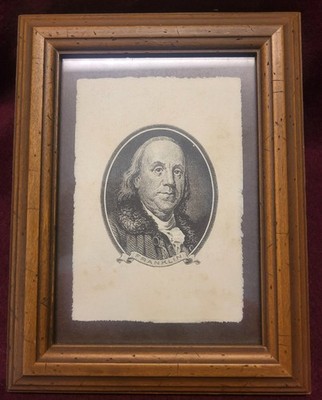 Vintage Framed Engraving on Parchment Paper of Ben Franklin as Seen on Currency 