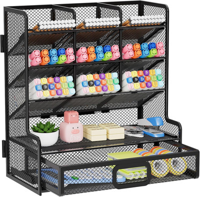 Larger Mesh Desk Organizer with Drawer, Multi-Functional Pen Pencil Holder, Easy