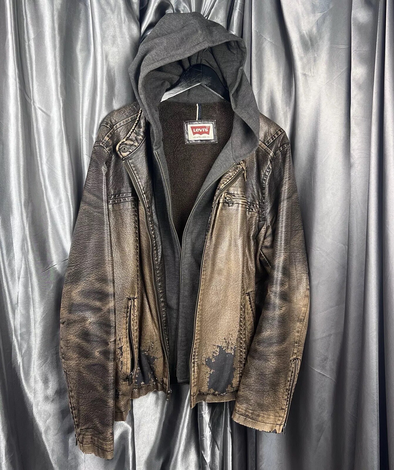 VTG Levi's Men Faux Leather Jacket Sz XL Distressed Hood Brown Motorcycle Bomber