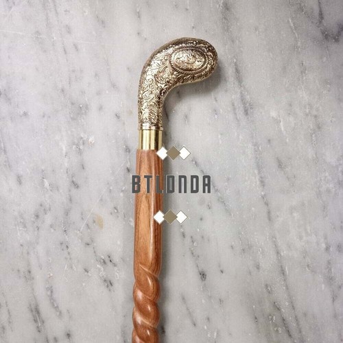 Designer Brass Knob Victorian Handle Spiral Wooden Vintage Walking Stick Cane - Picture 3 of 5