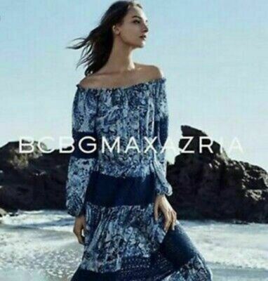 NWT BCBG MAX AZRIA $468 OFF THE SHOULDER LACE TRIM SILK CHIFFON MAXI DRESS  SZ S