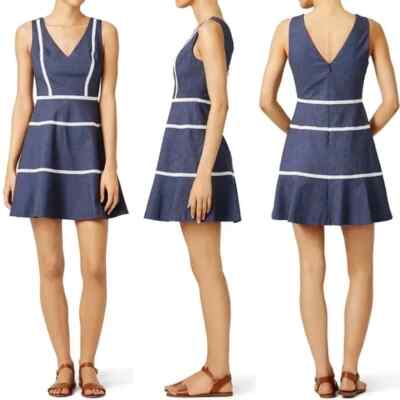 NWT Erin Fetherston Chambray Denim A-Line Fit Flare Mini Dress 2 0 Lace Stretch