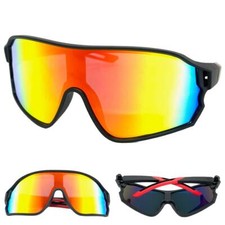 Mens OVERSIZED WRAP AROUND Biker Cycling Shield SUNGLASSES Black Frame Gold Lens