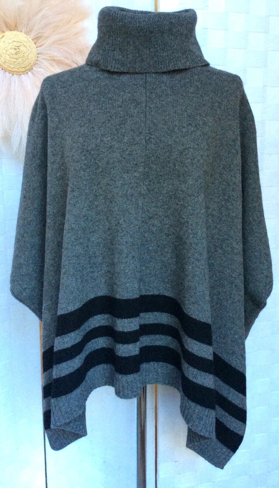 NWOT Tahari Wool-Yak Blend Gray Black Stripe Pullover Shawl Poncho Sweater S FXB