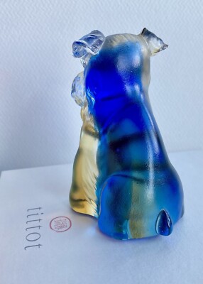 Tittot Art Crystal Glass Animal Dog Amber Blue Original Box Signed