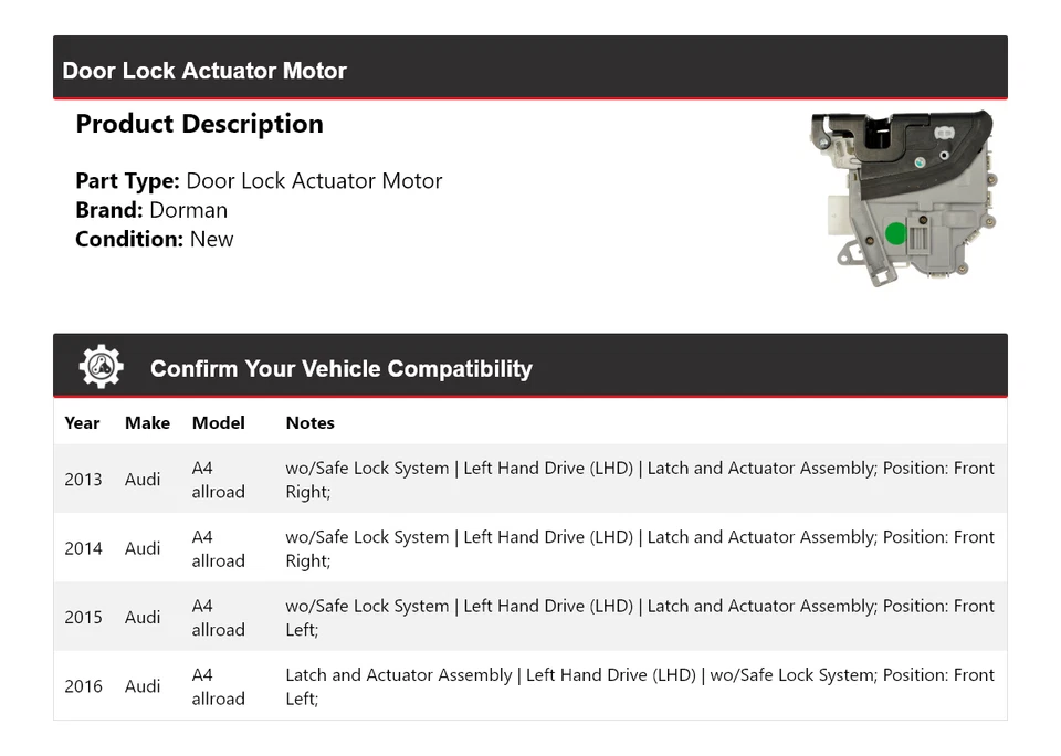 Двигатель привода дверного замка Dorman для Audi A4 allroad 2013-2016 годов выпуска 2014 2015 - Изображение 2 из 4
