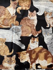 Vintage VIP Cranston Cats Kittens on Black Background Cotton Fabric 1 yd x 44