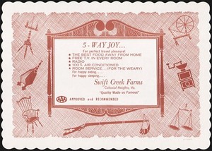 Vintage placemat SWIFT CREEK FARMS Colonial Heights Virginia unused n-mint+