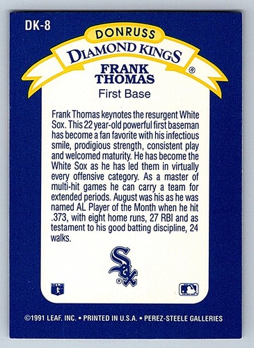 1992 Donruss Diamond Kings Frank Thomas Chicago White Sox #DK-8 - Picture 2 of 2