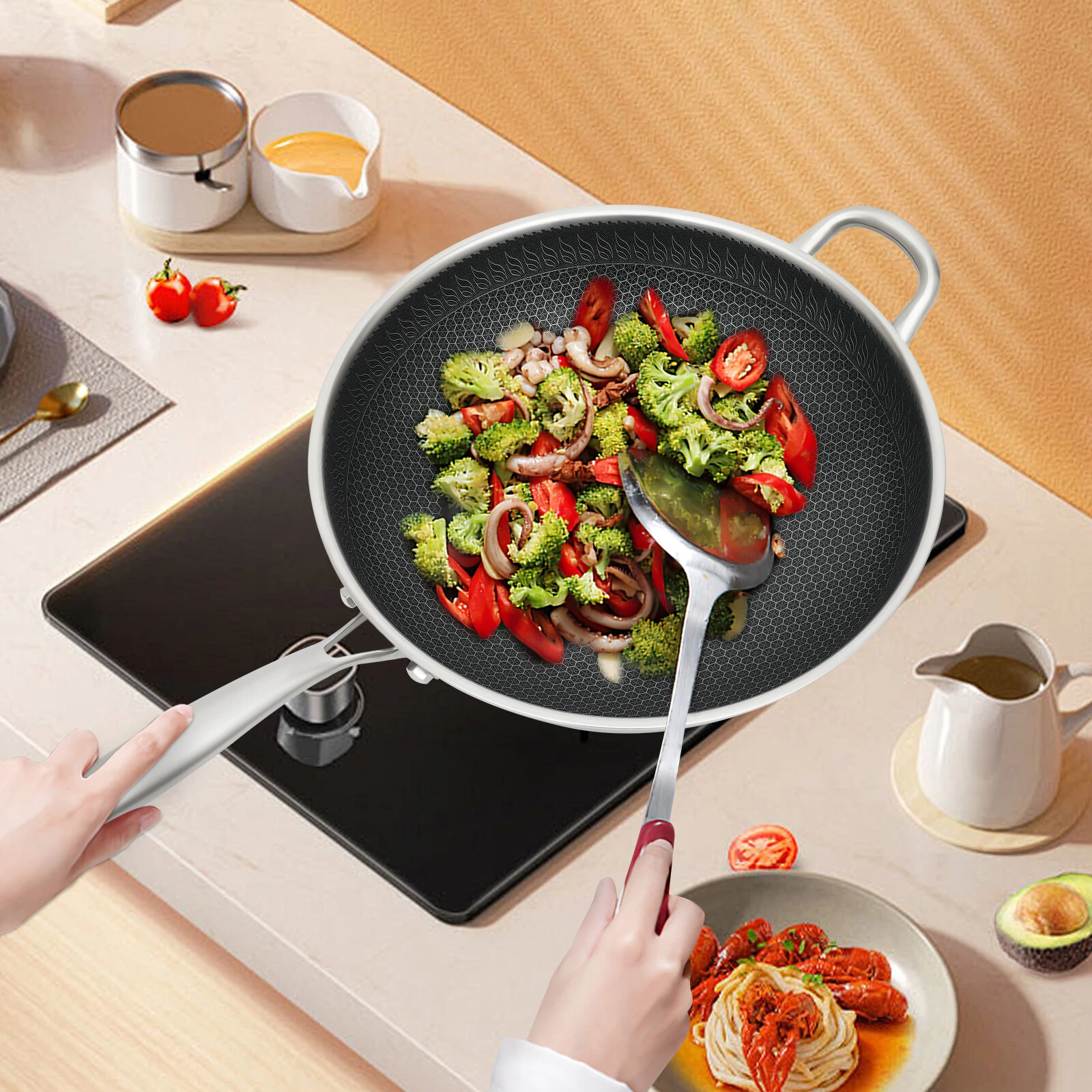 Non Stick Double Sided Screen Honeycomb Wok Stainless Steel Kitchen Frying Pan